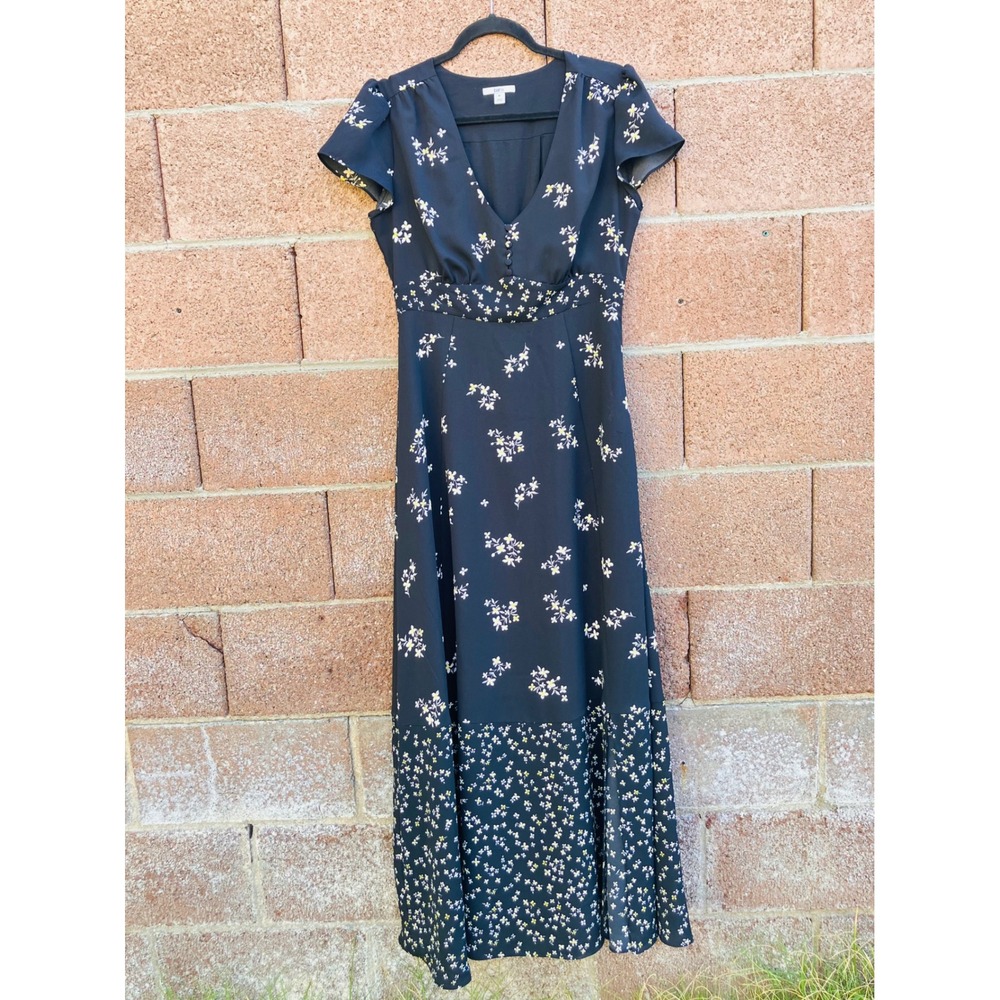 Loft Women Maxi Dress 2 Black Floral V-Neck Short Sleeve Flutter Button Empire